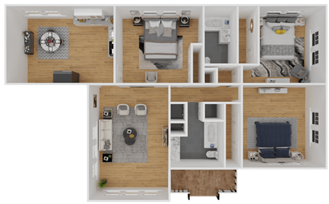 Floor plan for 3 beds, 2 baths, 1225 sqft